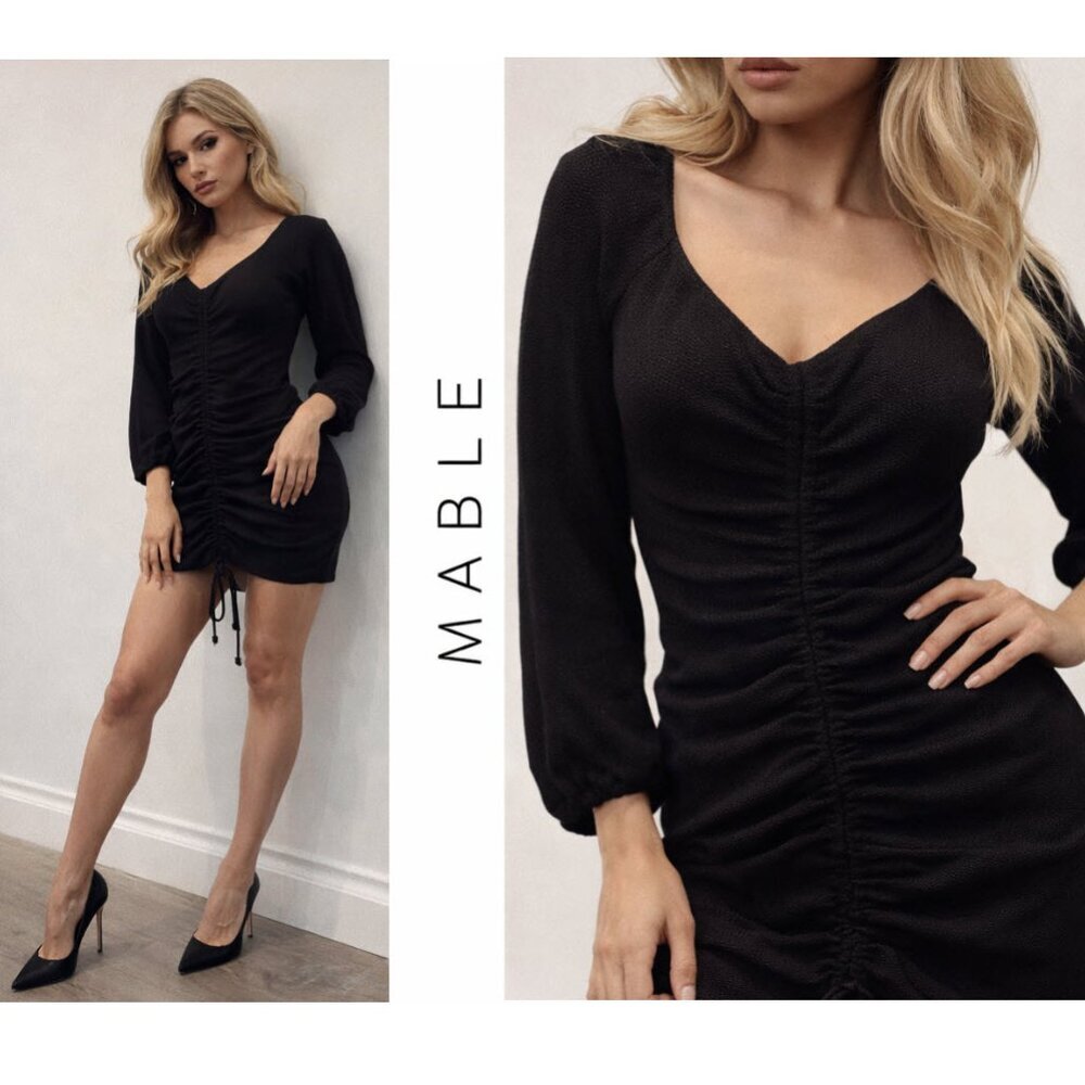 Mable Ruched Mini Dress Black Knit Long Sleeve Bodycon Size medium Night Out